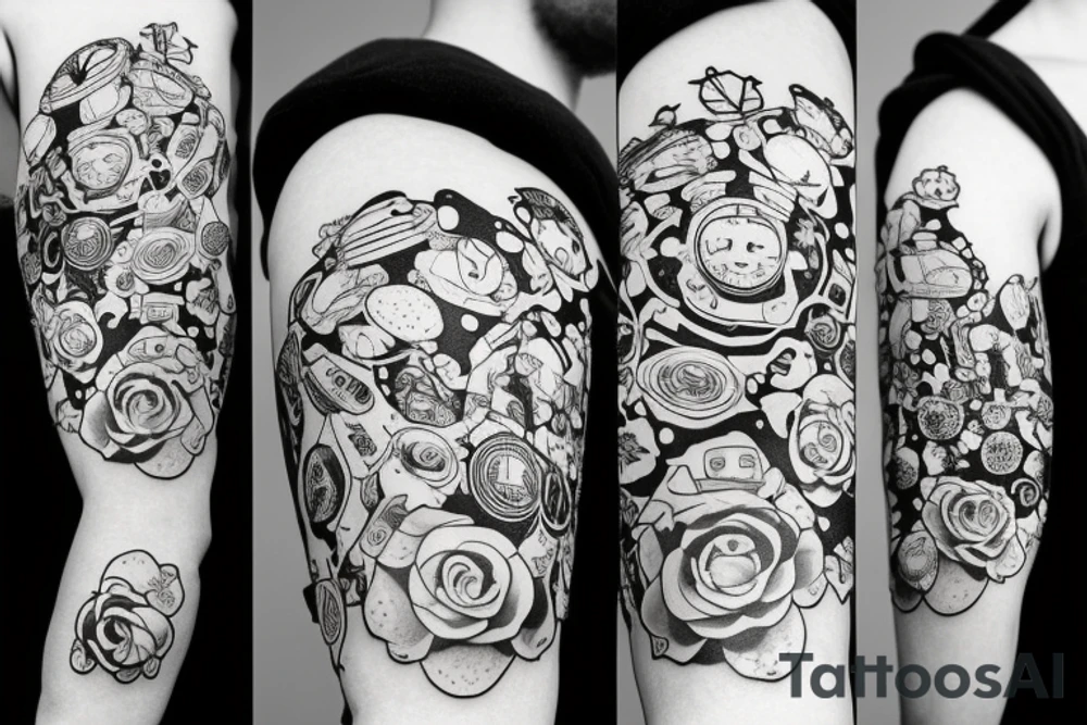 Astronaut in a spacesuit. Instead of the head a bouquet of flowers. tattoo idea