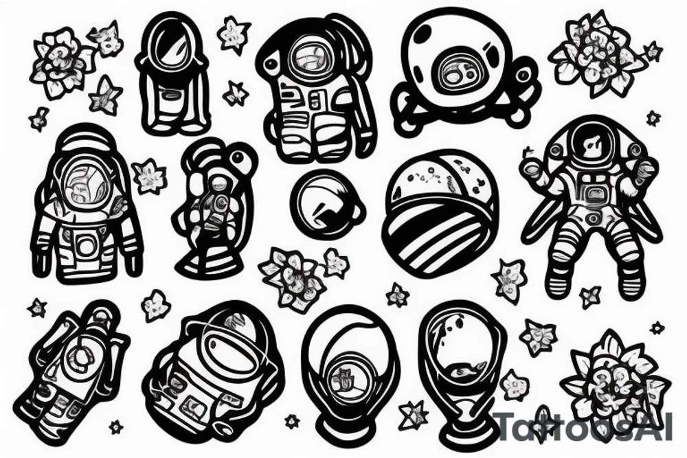 Astronaut in a spacesuit. Instead of the head a bouquet of flowers. tattoo idea