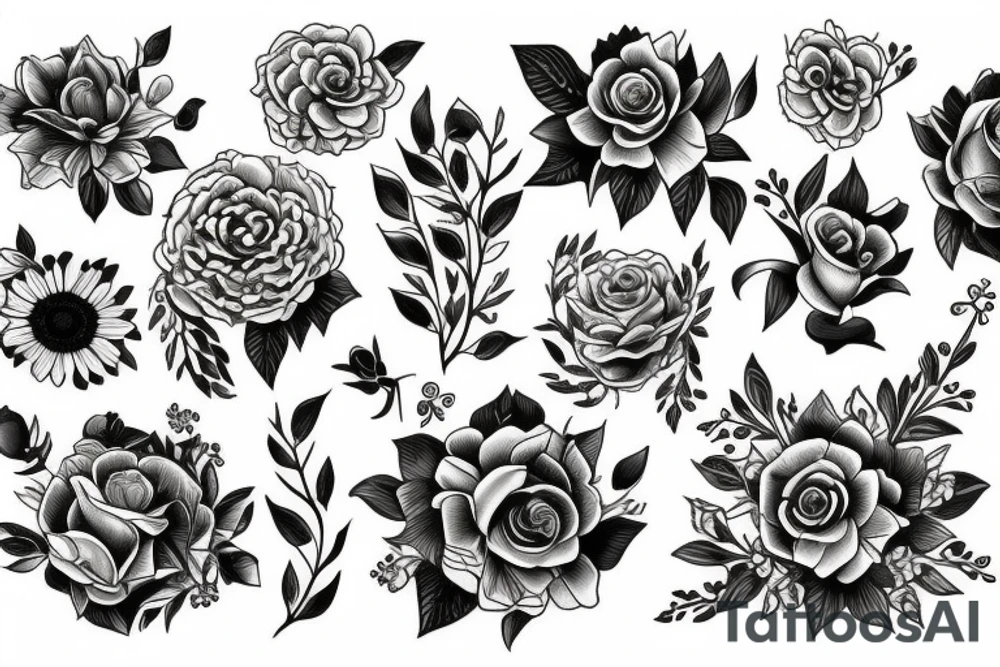 Bouquet of a lot of different flowers. tattoo idea