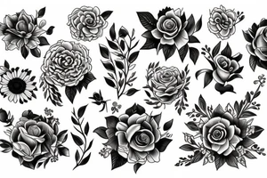 Bouquet of a lot of different flowers. tattoo idea