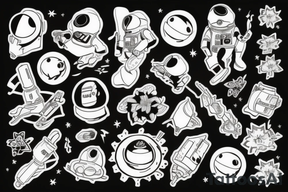 Astronaut ohne Kopf. Aus den Schultern wachsen verschiedene Blumen. tattoo idea