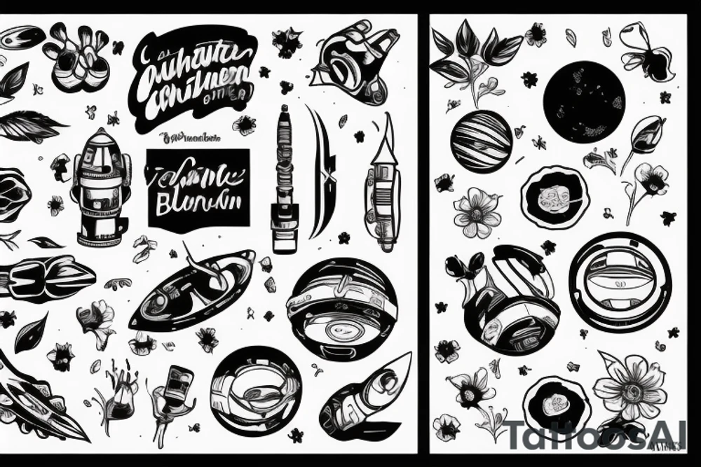 Astronaut ohne Kopf. Aus den Schultern wachsen verschiedene Blumen. tattoo idea
