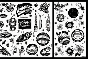 Astronaut ohne Kopf. Aus den Schultern wachsen verschiedene Blumen. tattoo idea