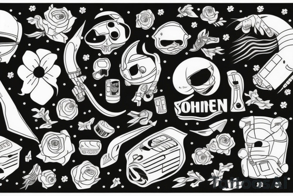 Astronaut ohne Kopf. Aus den Schultern wachsen verschiedene Blumen. tattoo idea