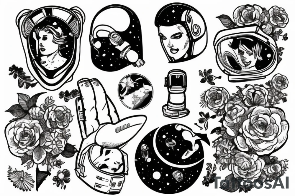 Astronaut in a spacesuit with a head of flowers. tattoo idea