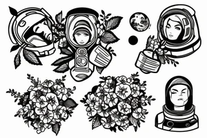 Astronaut in a spacesuit with a head of flowers. tattoo idea