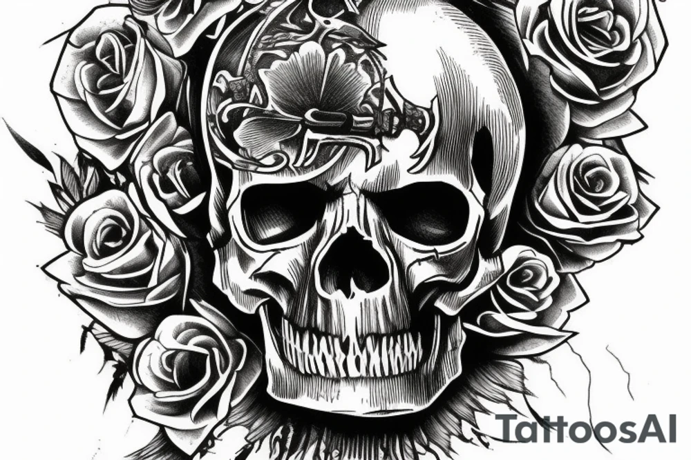 Memento Mori written around a skull with a sword though the skull tattoo idea
