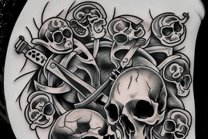 Memento Mori written around a skull with a sword though the skull tattoo idea