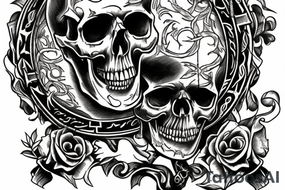 Memento Mori text written under a skull with sword through it tattoo idea