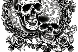 Memento Mori text written under a skull with sword through it tattoo idea