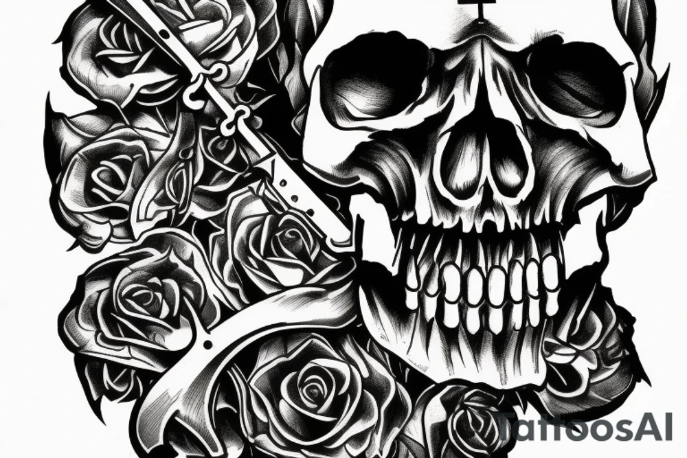 Memento Mori text written under a skull with sword through it tattoo idea