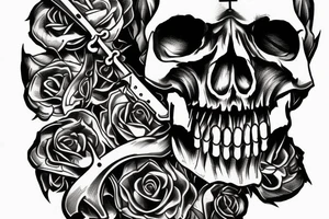 Memento Mori text written under a skull with sword through it tattoo idea