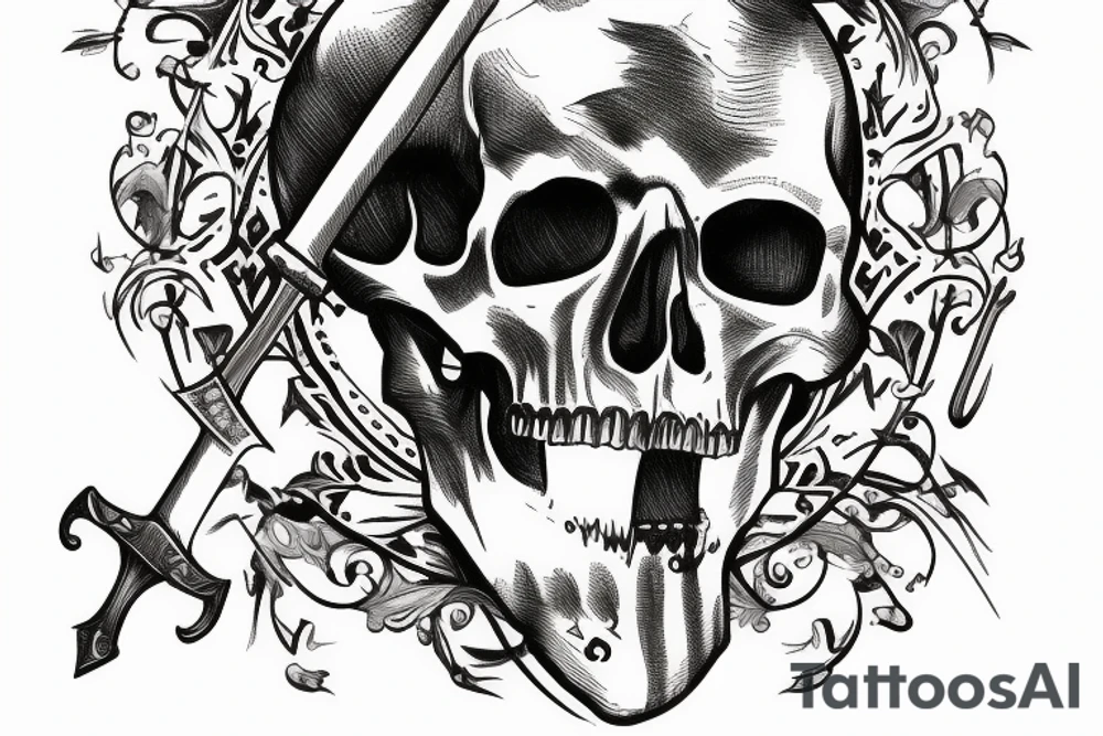 Memento Mori text written under a skull with sword through it tattoo idea