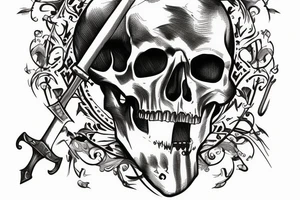 Memento Mori text written under a skull with sword through it tattoo idea
