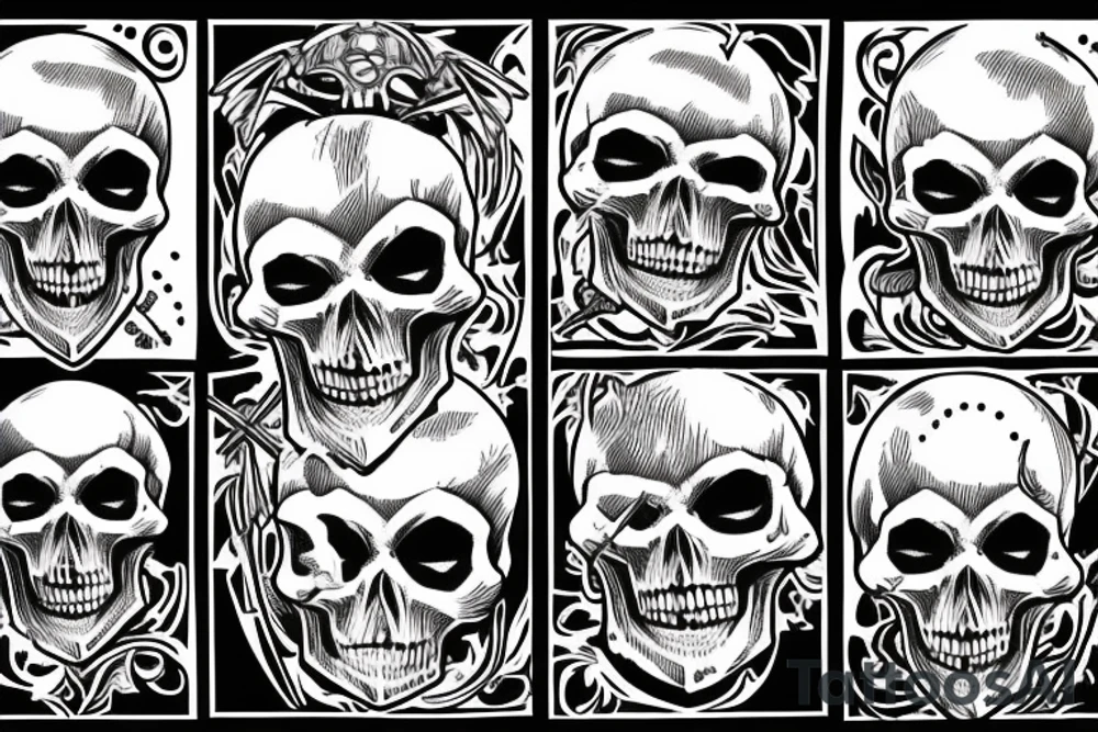 Memento Mori text written under a skull with sword through it tattoo idea