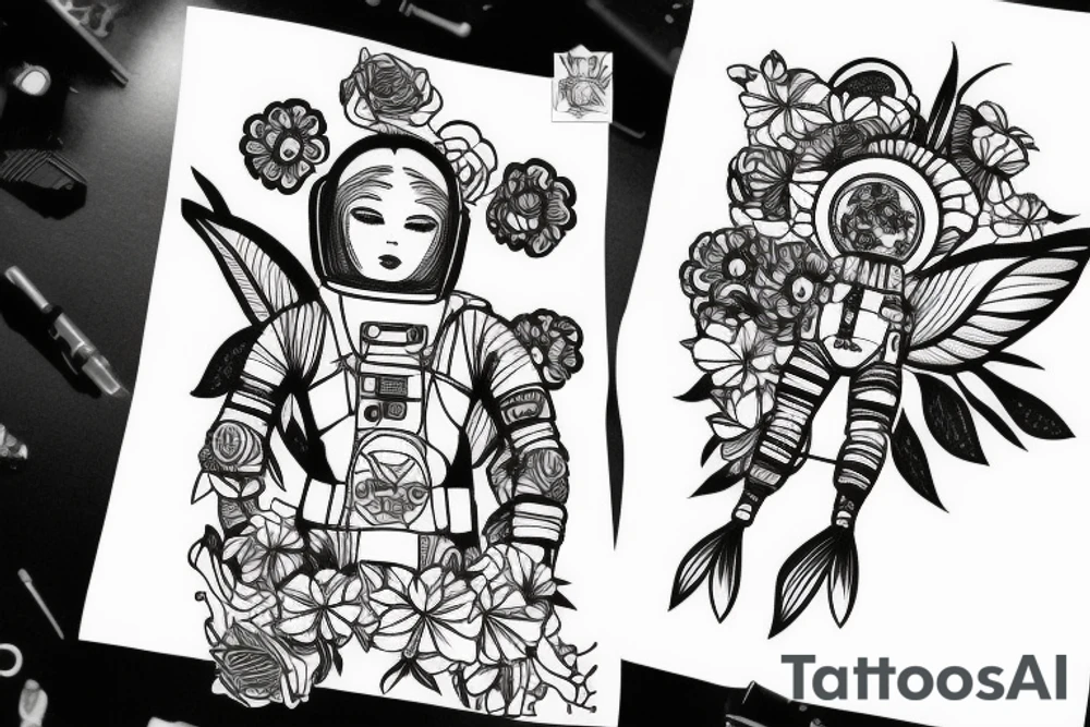 Floating spacesuit with a flowerhead tattoo idea