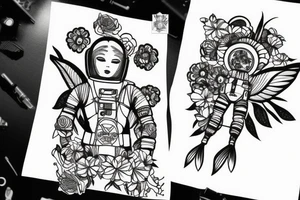 Floating spacesuit with a flowerhead tattoo idea