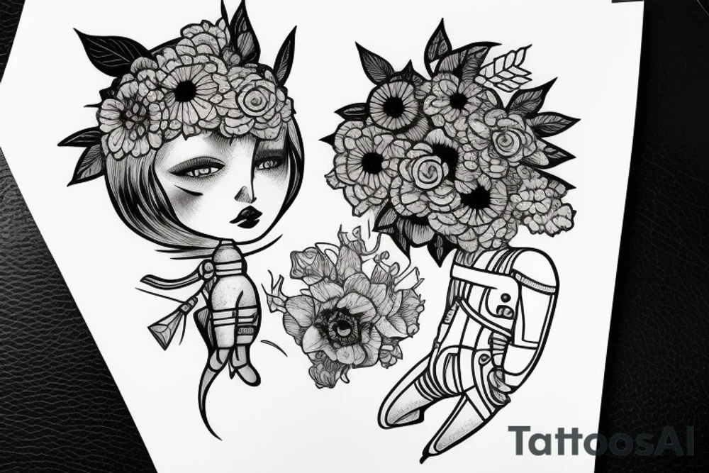 Floating spacesuit with a flowerhead tattoo idea