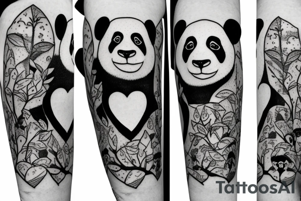 a panda and a monkey in a tree together with a love heart around them tattoo idea