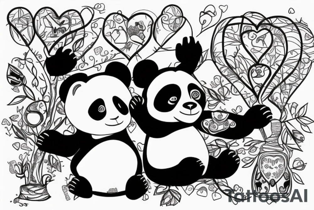 a panda and a monkey in a tree together with a love heart around them tattoo idea