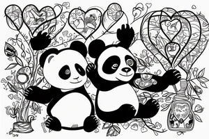 a panda and a monkey in a tree together with a love heart around them tattoo idea