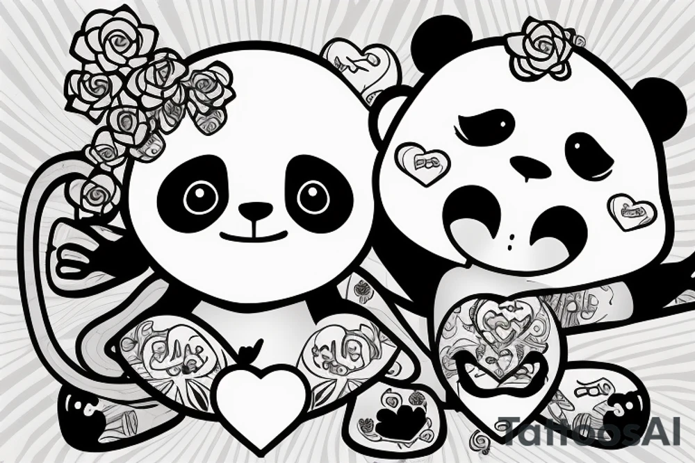 a panda and a monkey hugging each othe with a love heart around them tattoo idea