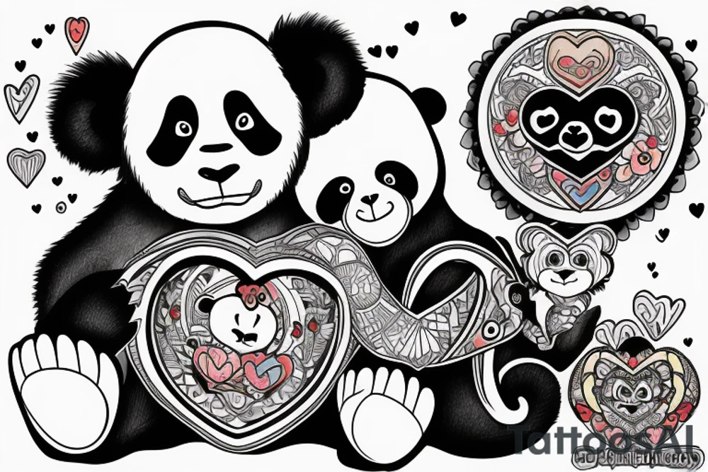 a panda and a monkey hugging each othe with a love heart around them tattoo idea