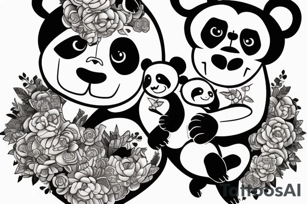 a panda and a monkey hugging each othe with a love heart around them tattoo idea