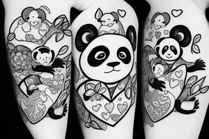 a panda and a monkey hugging each othe with a love heart around them tattoo idea