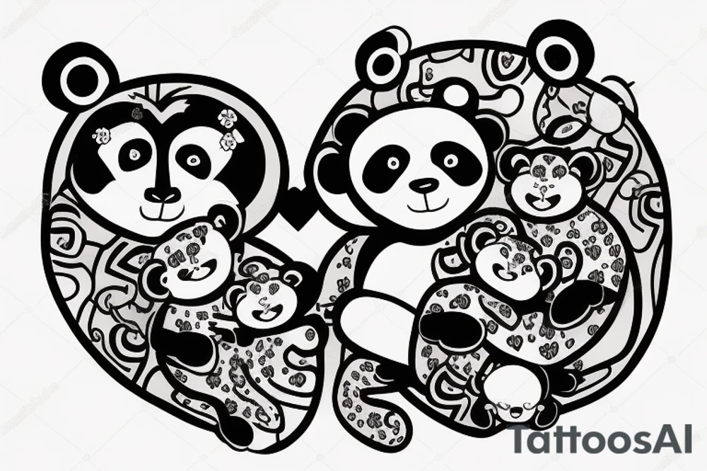 a panda and a monkey hugging each othe with a love heart around them tattoo idea