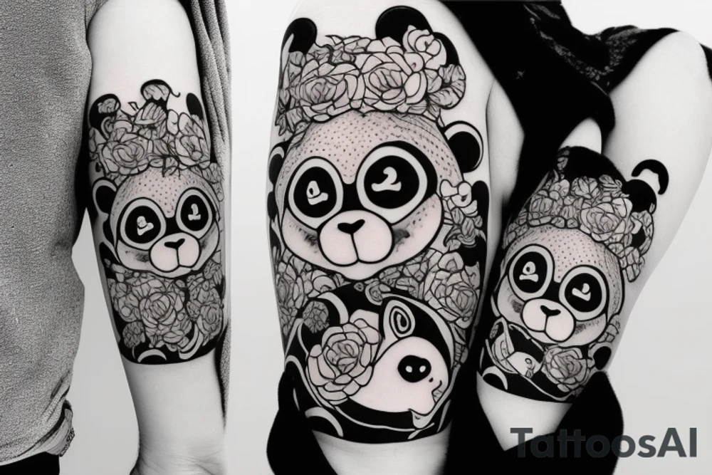a panda and a monkey hugging each othe with a love heart around them tattoo idea