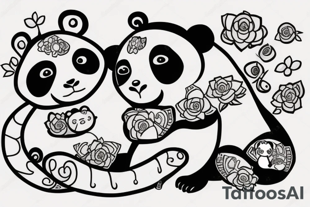a panda and a monkey hugging each othe with a love heart around them tattoo idea