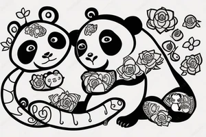 a panda and a monkey hugging each othe with a love heart around them tattoo idea