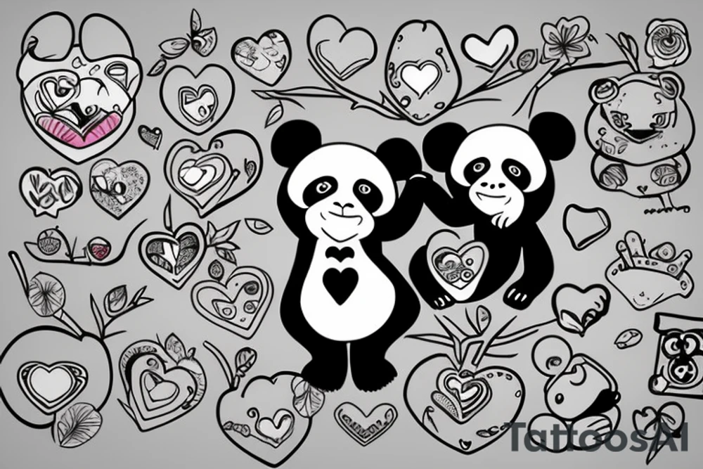 a panda and a monkey hugging each othe with a love heart around them tattoo idea