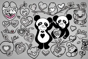 a panda and a monkey hugging each othe with a love heart around them tattoo idea