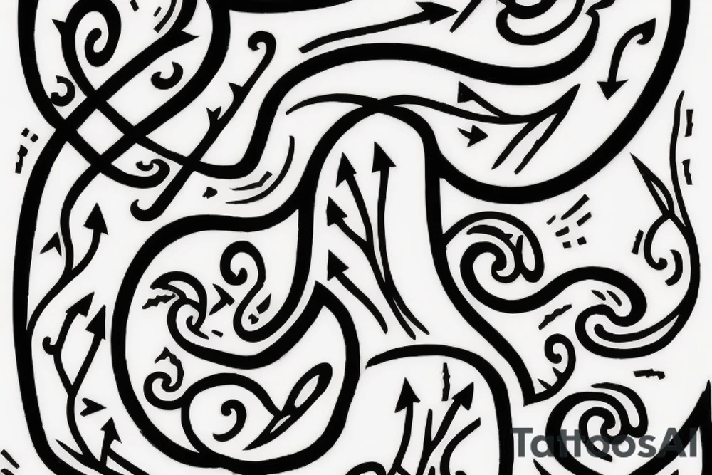 Design a black tattoo illustration that begins at the bottom with intricate roots. These roots gradually converge and intertwine to form the shape of the letter 'N'. Stemming from this 'N', create a stylized arrow that points upwards, symbolizing growth and direction. The overall theme should convey foundation, identity, and aspiration. tattoo idea