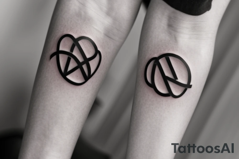 Create a black, asymmetric tattoo design where the letter 'N' gracefully extends and transforms into the infinity symbol (∞). The transition between the two symbols should be seamless, offering a unique fusion that symbolizes eternity. Emphasize bold contrasts and sharp lines to highlight the design's distinctiveness. tattoo idea