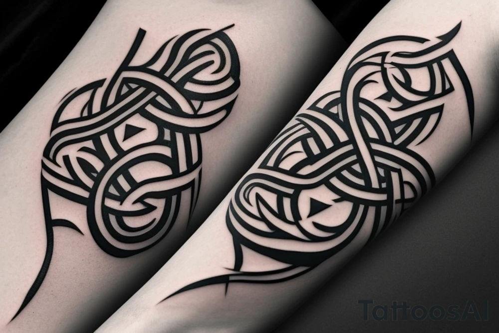 Create a black, asymmetric tattoo design where the letter 'N' gracefully extends and transforms into the infinity symbol (∞). The transition between the two symbols should be seamless, offering a unique fusion that symbolizes eternity. Emphasize bold contrasts and sharp lines to highlight the design's distinctiveness. tattoo idea