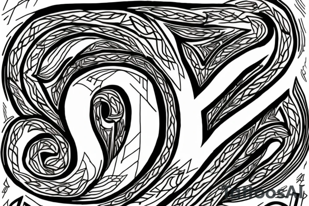 Design a black tattoo illustration that begins at the bottom with intricate roots. These roots gradually converge and intertwine to form the shape of the letter 'N'. Stemming from this 'N', create a stylized arrow that points upwards, symbolizing growth and direction. The overall theme should convey foundation, identity, and aspiration. tattoo idea