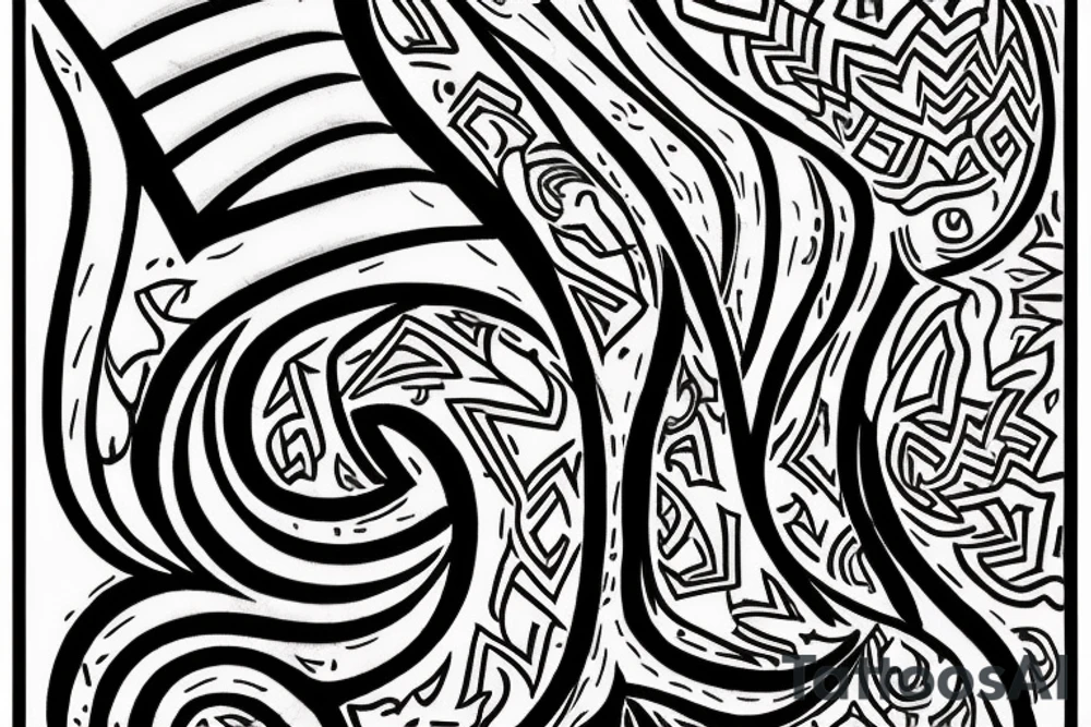 Design a black tattoo illustration that begins at the bottom with intricate roots. These roots gradually converge and intertwine to form the shape of the letter 'N'. Stemming from this 'N', create a stylized arrow that points upwards, symbolizing growth and direction. The overall theme should convey foundation, identity, and aspiration. tattoo idea