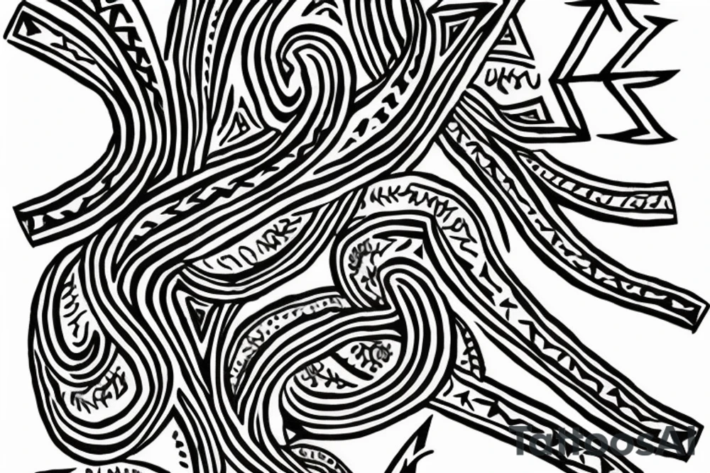 Design a small black tattoo illustration that begins at the bottom with intricate roots. These roots gradually converge and intertwine to form the shape of the letter 'N'. Stemming from this 'N', create a stylized arrow that points upwards, symbolizing growth and direction. The overall theme should convey foundation, identity, and aspiration. tattoo idea
