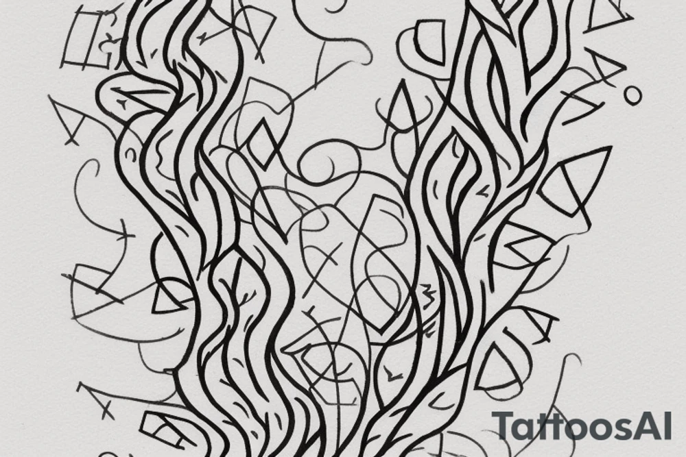 small illustration that begins at the bottom with intricate roots. These roots gradually converge and intertwine to form the shape of the letter 'N'. Stemming from this 'N', create a stylized arrow that points upwards, symbolizing growth and direction. The overall theme should convey foundation, identity, and aspiration. tattoo idea