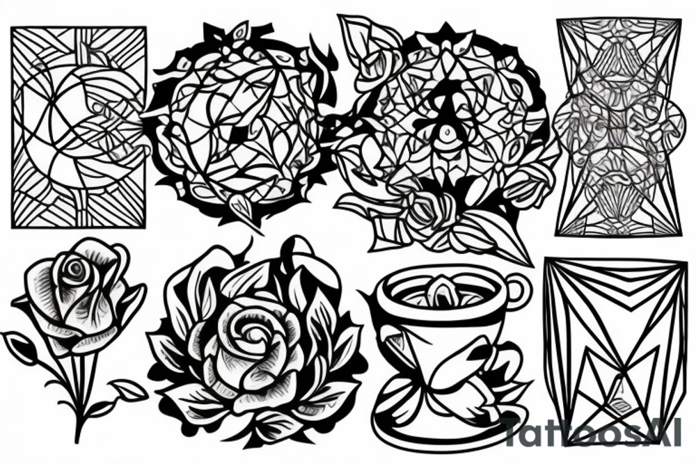 three books, a cup of tea on it and some flowers around tattoo idea