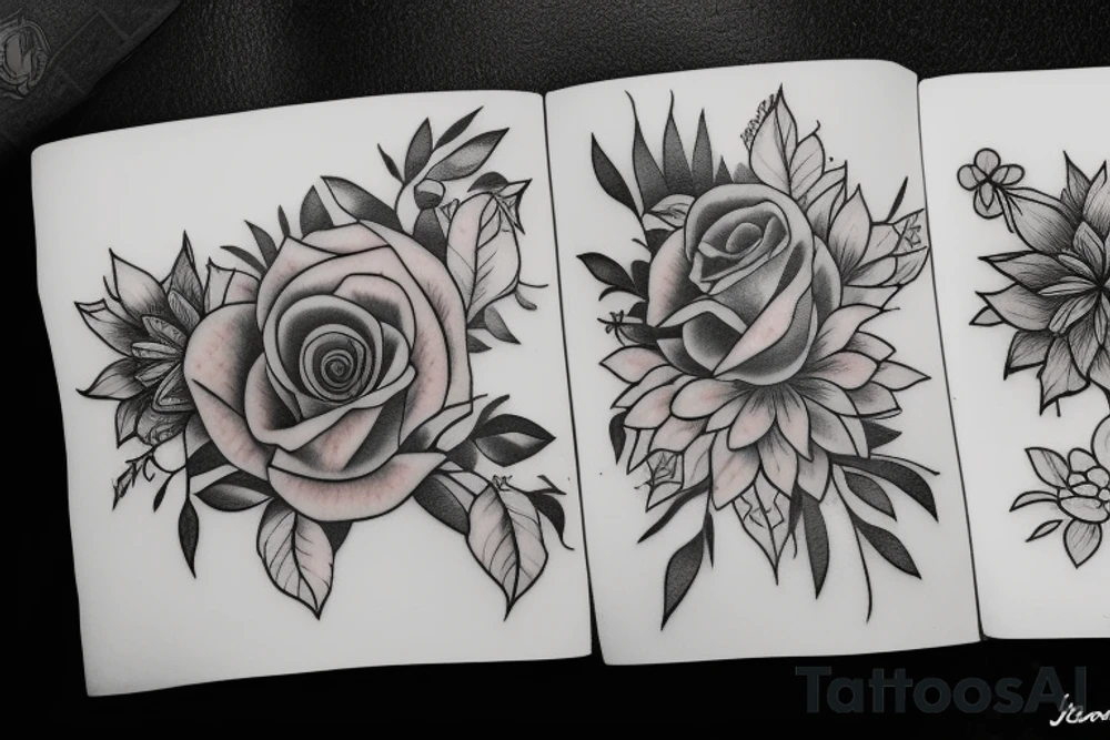 three books, a cup of tea on it and some flowers around tattoo idea