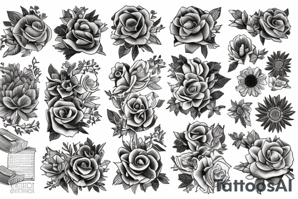 three books, a cup of tea on it and some flowers around tattoo idea