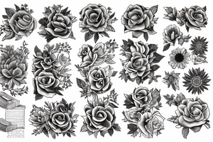 three books, a cup of tea on it and some flowers around tattoo idea