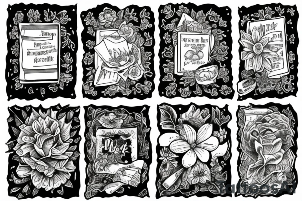 three books, a cup of tea on it and some flowers around tattoo idea