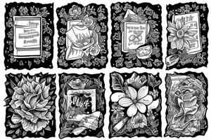 three books, a cup of tea on it and some flowers around tattoo idea