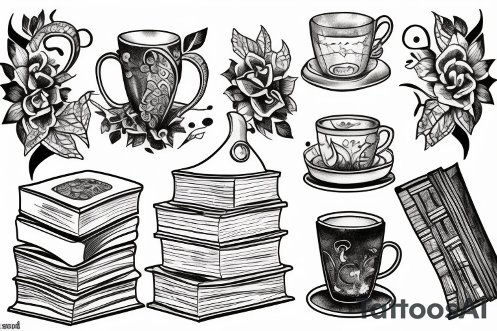 three books, a cup of tea tattoo idea