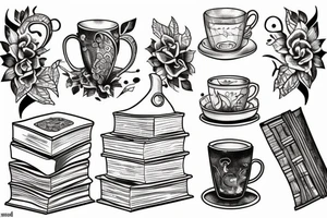 three books, a cup of tea tattoo idea